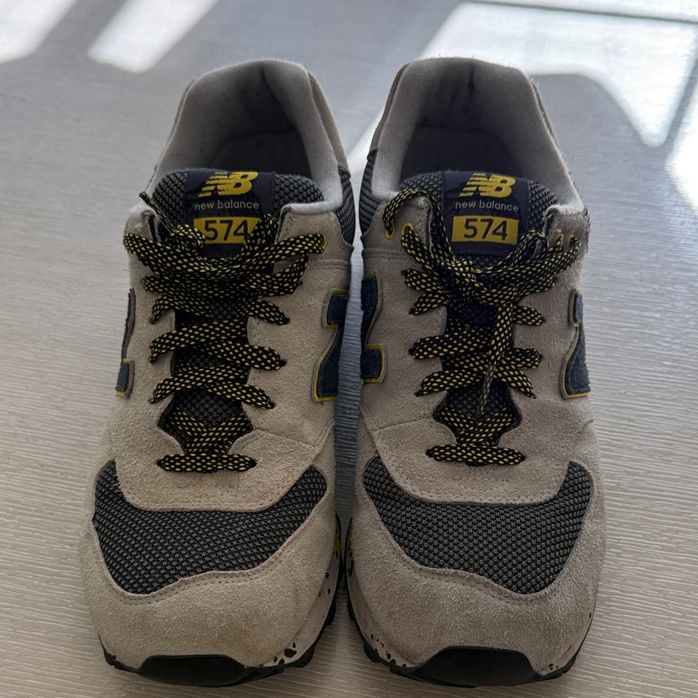 New Balance Men’s 574 Sneakers in Light Gray, Navy and Yellow Accent